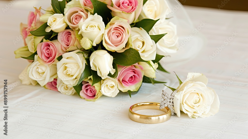 Two wedding rings are beautifully displayed alongside delicate roses, capturing a moment of love and commitment during a wedding celebration Two wedding rings are beautifully displayed alongside delicate roses, capturing a moment of love and commitment during a wedding celebration