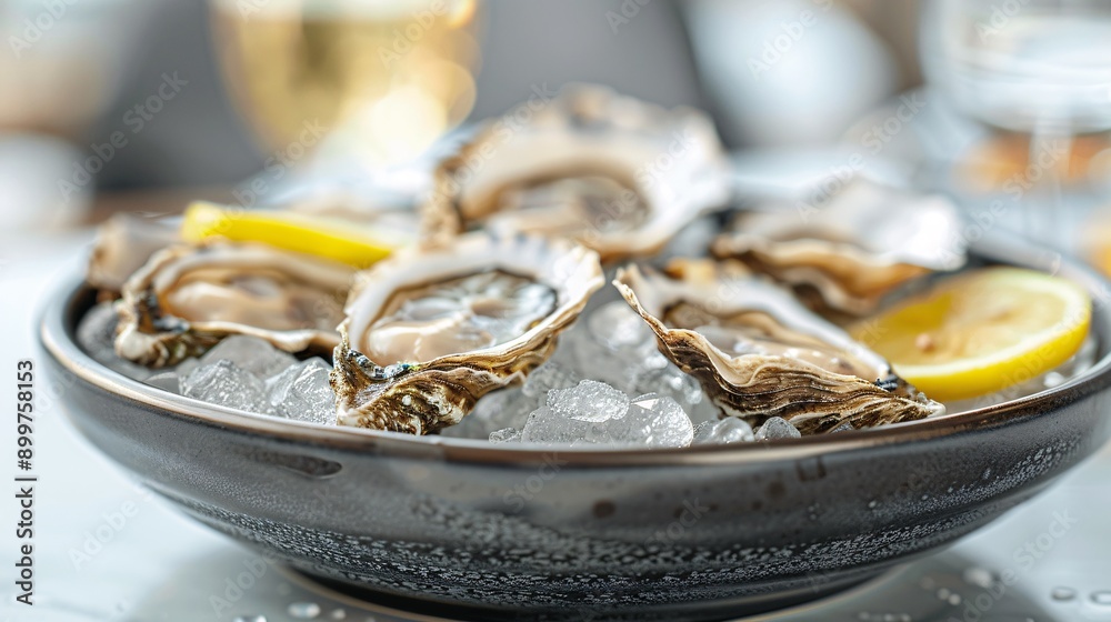 A plate of fresh oysters served on ice with lemon wedges A plate of fresh oysters served on ice with lemon wedges