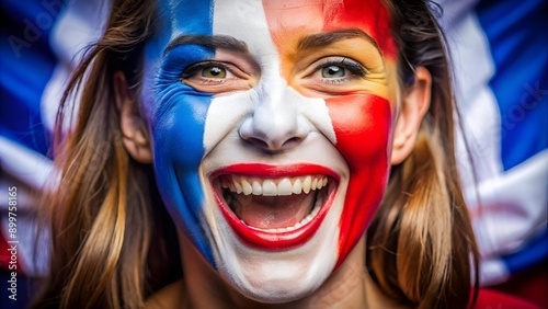 Happy French female supporter with face painted in French flag displaying the country's national colours: blue, white, and red © Matan