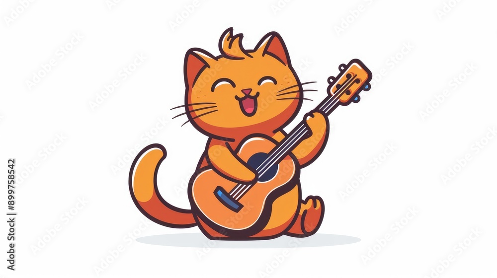 Fototapeta premium Vector illustration of a cartoon cat playing guitar, on a white background, with a simple and clean design, ideal for stickers