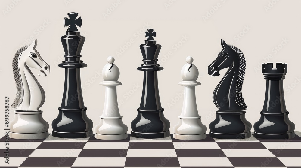 Vector illustration of a chess game, white vs black pieces, clean lines and detailed design, strategic imagery Vector illustration of a chess game, white vs black pieces, clean lines and detailed design, strategic imagery