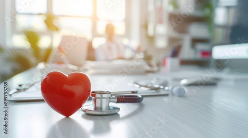 Red heart love shape hand exercise ball with doctor physician's stethoscope on an office desk in a medical: Hospital life insurance concept: World Heart Health Day. doctor day, world hypertension day. photo