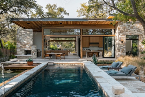 Back patio and pool area of a narrow modern farmhouse in San Austin, Texas, featuring wood slat fence, stone accents, and outdoor kitchen. © JIALU