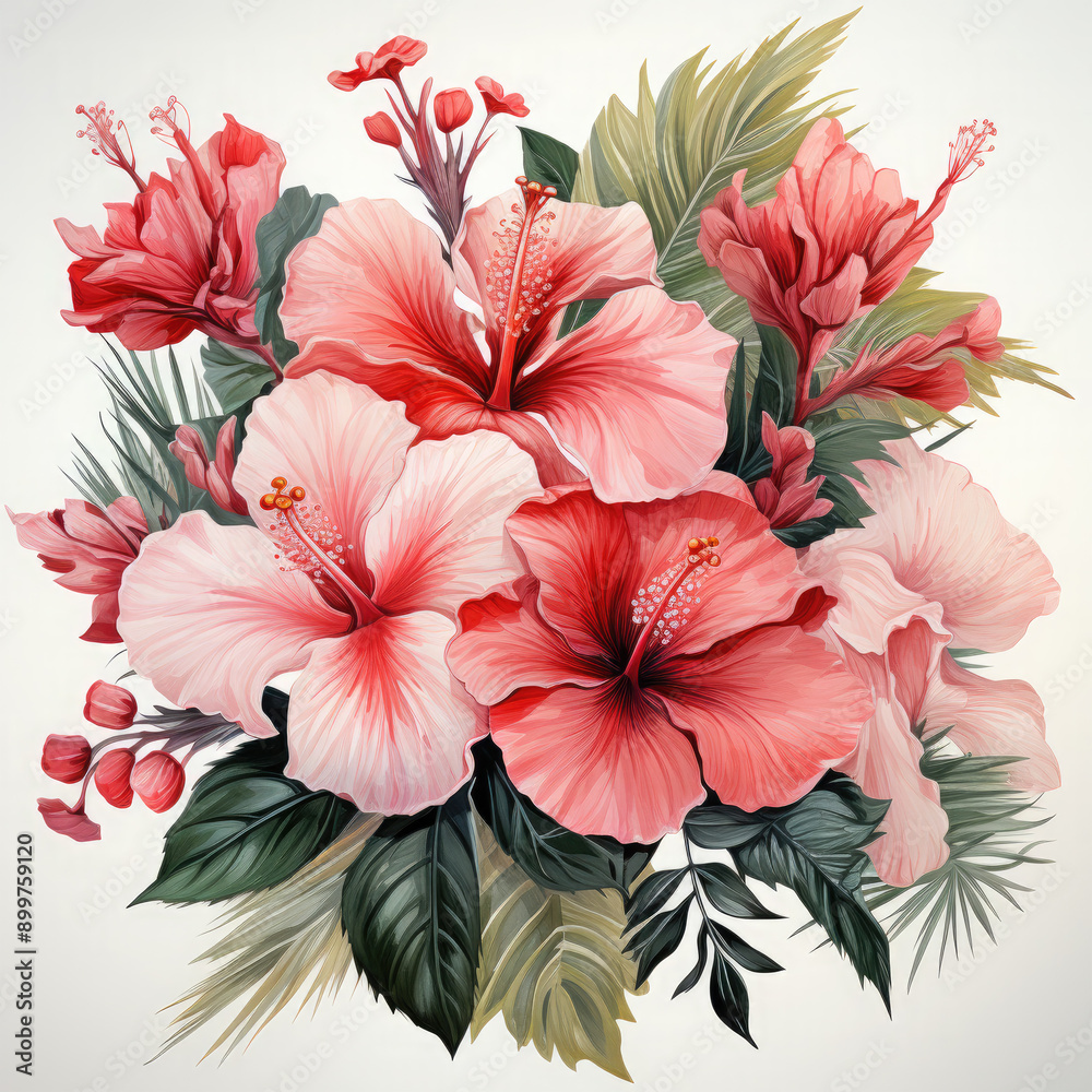 Watercolor Hawaiian bouquet of Hibiscus flowers Greenery Palm Leaves Sublimation design, clipart Illustration, Generative Ai Watercolor Hawaiian bouquet of Hibiscus flowers Greenery Palm Leaves Sublimation design, clipart Illustration, Generative Ai