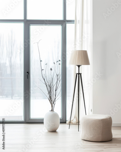 Property interiors decor composition with a standing lamp next to a large window on a minimalist living room.