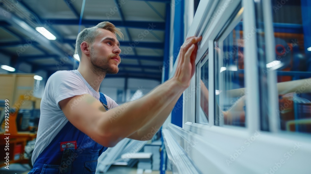 Work process at a window factory Work process at a window factory