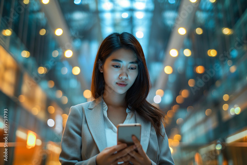 Asian businesswoman looking at her smartphone in a business center photo