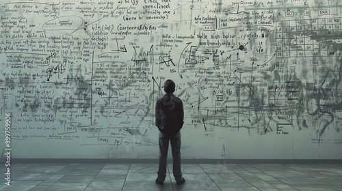 A person standing in front of a wall covered in complex mathematical equations and diagrams, looking completely baffled and unsure.