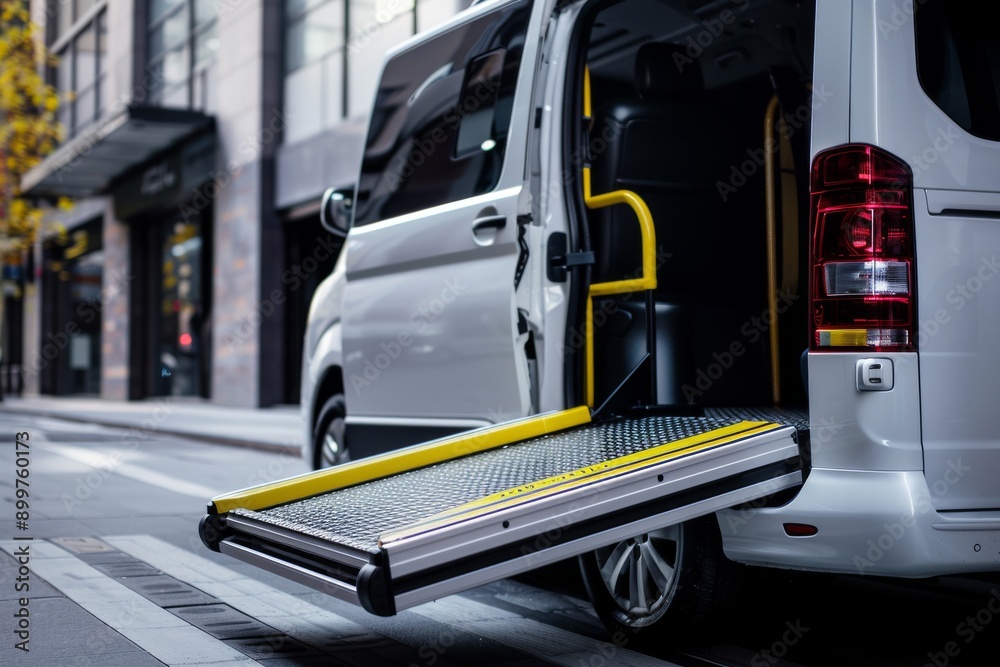 Fototapeta premium A wheelchair accessible minivan is parked outside with an open door and an extended ramp.