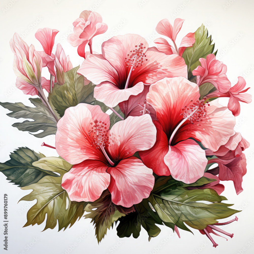 Watercolor Hawaiian bouquet of Hibiscus flowers Greenery Palm Leaves Sublimation design, clipart Illustration, Generative Ai Watercolor Hawaiian bouquet of Hibiscus flowers Greenery Palm Leaves Sublimation design, clipart Illustration, Generative Ai