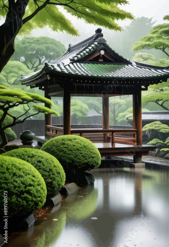 Zen Garden Gazebo in Rainy Day