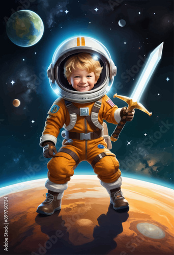 Young Astronaut on Mars with Sword photo