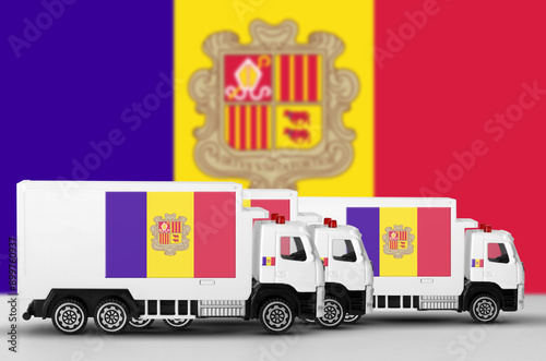 Andorra flag depicted on side wall of white delivery van close up. Shipping and local delivery concept