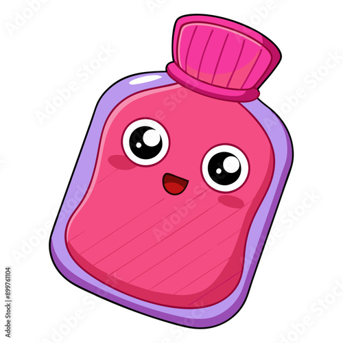 kawaii hot water bottle with cute face and happy expression, cozy winter day