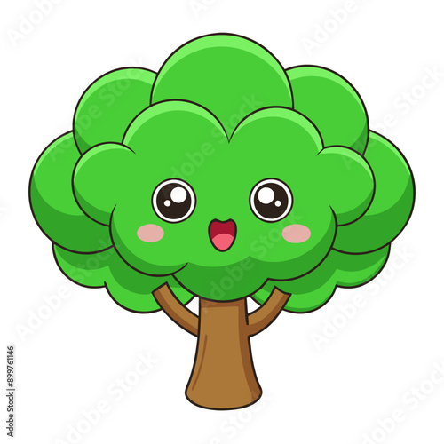 kawaii tree, rounded, bushy green canopy with friendly, smiling face and blushing cheeks