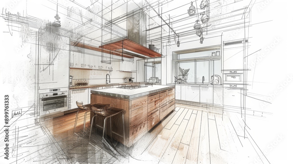 Architectural sketch of a kitchen interior design with wooden and white colors. Architectural sketch of a kitchen interior design with wooden and white colors.