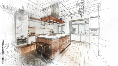 Architectural sketch of a kitchen interior design with wooden and white colors.