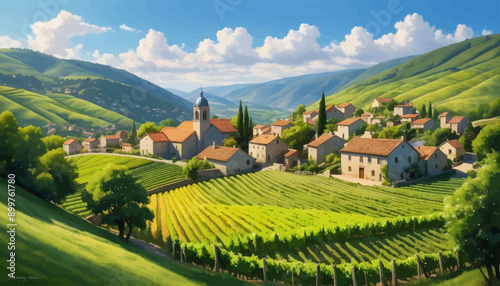 Vineyard Village: A Pastoral Scene of Rural Life