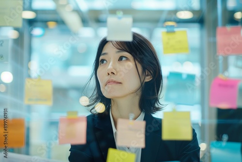 A Japanese woman in an office, frustratedly looking at a document, questioning expression, surrounded by sticky notes on glass wall, business attire, modern office setting photo