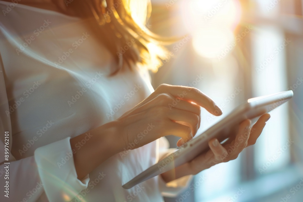 Obraz premium Close up of a woman's hands holding a tablet.