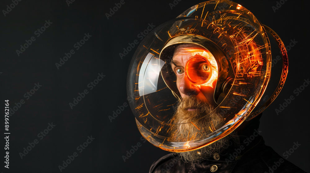 Man wearing a glowing, transparent headpiece Man wearing a glowing, transparent headpiece