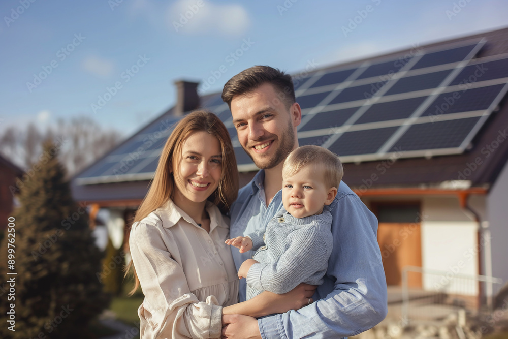 Fototapeta premium Happy young family with a child standing alone near a country house with solar panels