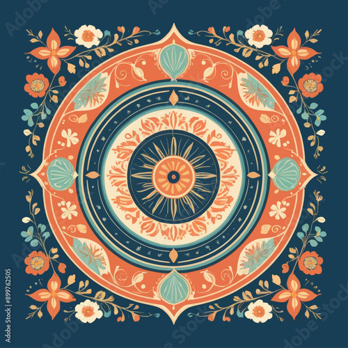 Vibrant Mandala Artwork with Floral Decorations and Sunburst Center