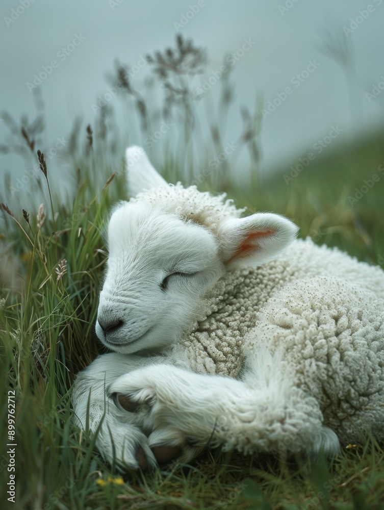 Obraz premium Cute sleeping lamb on green pasture.