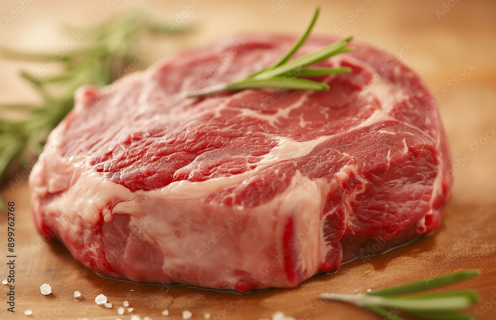 Meat; uncooked with a sprig of rosemary; the steak and salted presentation on a wooden cutting board Meat; uncooked with a sprig of rosemary; the steak and salted presentation on a wooden cutting board