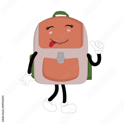 Backpack mascot cartoon Back to school and have fun. Character doodle illustration of walking school bag character design of a school bag