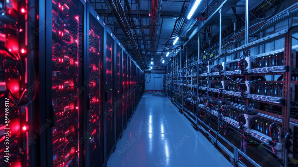 A futuristic data center server room illuminated by blue and red lights, showcasing rows of advanced server racks and intricate cabling. The high-tech environment highlights cutting-edge technology A futuristic data center server room illuminated by blue and red lights, showcasing rows of advanced server racks and intricate cabling. The high-tech environment highlights cutting-edge technology