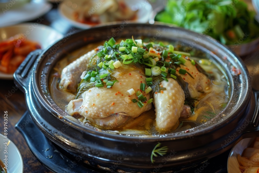 Korean chicken soup samgyetang with chicken legs, ginseng and jujube. Korean chicken soup samgyetang with chicken legs, ginseng and jujube.
