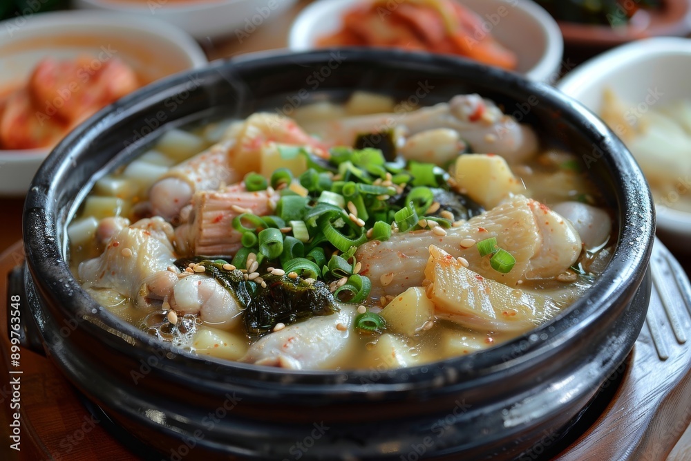 Korean chicken soup samgyetang with chicken legs, ginseng and jujube. Korean chicken soup samgyetang with chicken legs, ginseng and jujube.