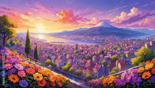 Vibrant Cityscape with Mountain View and Sunset