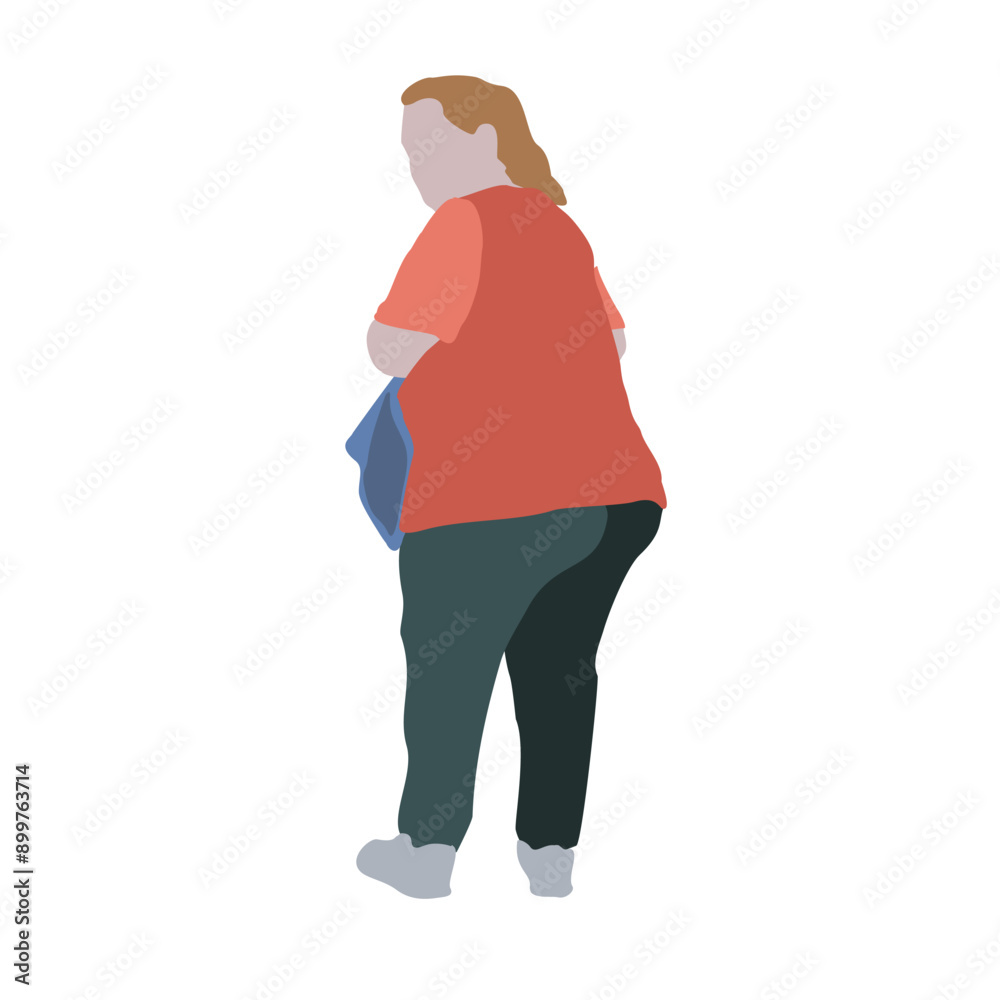 A woman walks down the street in summer clothes. 2D image to use as entourage. Flat city vector infographic. A woman walks down the street in summer clothes. 2D image to use as entourage. Flat city vector infographic.