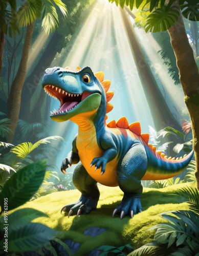 Vibrant and Friendly Dinosaur in a Tropical Forest