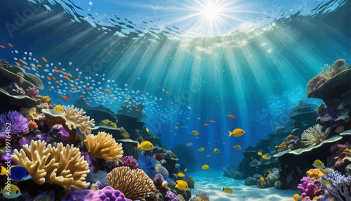 Underwater Paradise: Vibrant Coral Reef with School of Colorful Fish