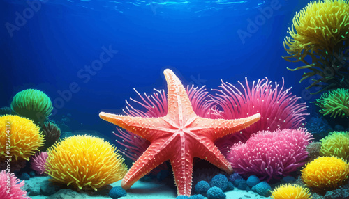 Underwater Coral Reef Scene with Starfish and Colorful Corals