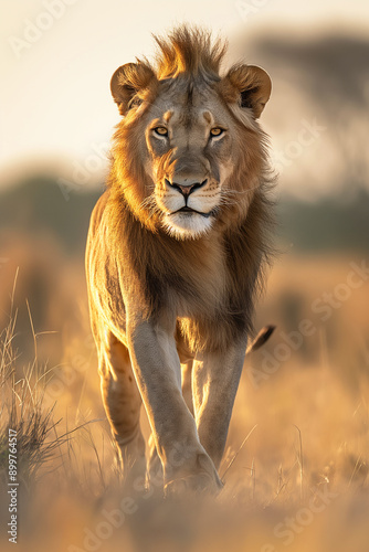 Majestic lion with a golden mane on the African savannah, showcasing wildlife and nature in safari.