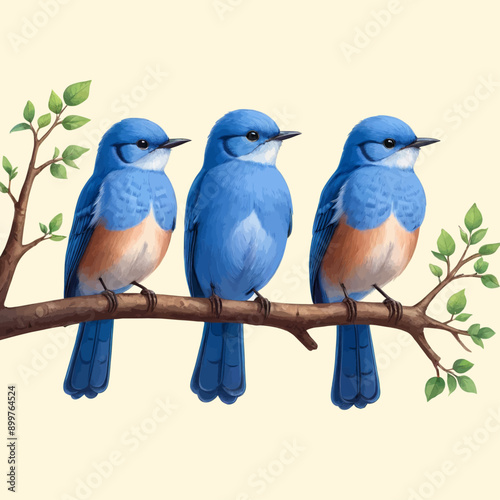 Three Bluebirds Perched on a Branch