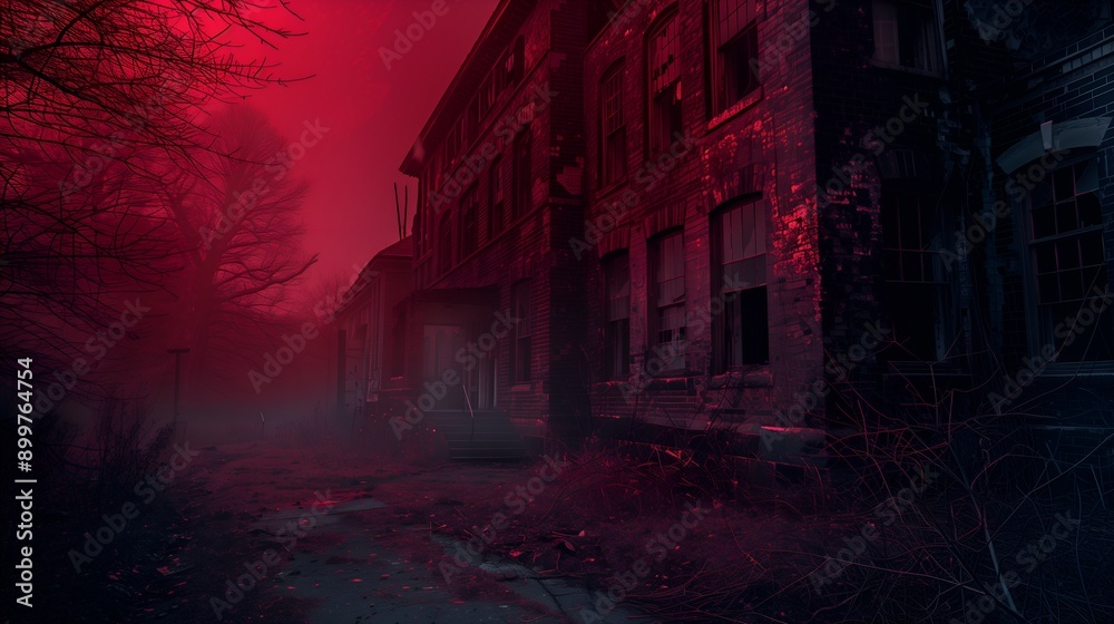 Abandoned Asylum with Eerie Red Glow - Haunted Building 3D Illustration Abandoned Asylum with Eerie Red Glow - Haunted Building 3D Illustration
