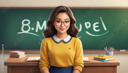 Teacher Smiling at Chalkboard with School Supplies