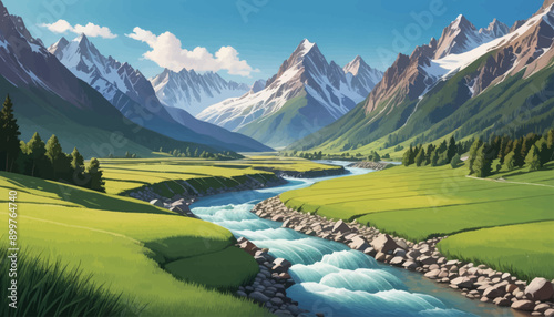 Vibrant Alpine Landscape with River and Rocky Shore