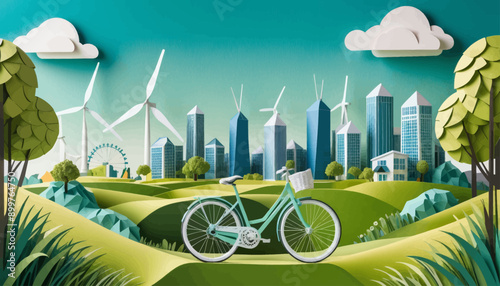Sustainable Urban Living: A Cityscape with Wind Turbines and a Bicycle