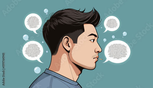Thoughtful Man with Cigarette in Mouth and Speech Bubbles