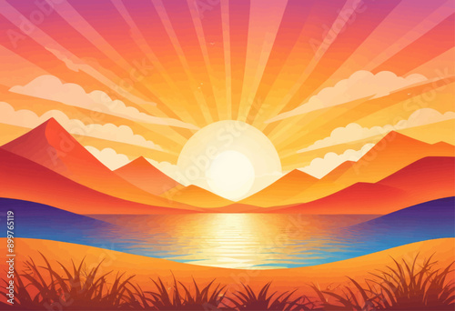Sunrise Over Mountains and Lake