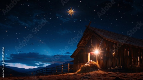 A star shines above the stable where Jesus was born.