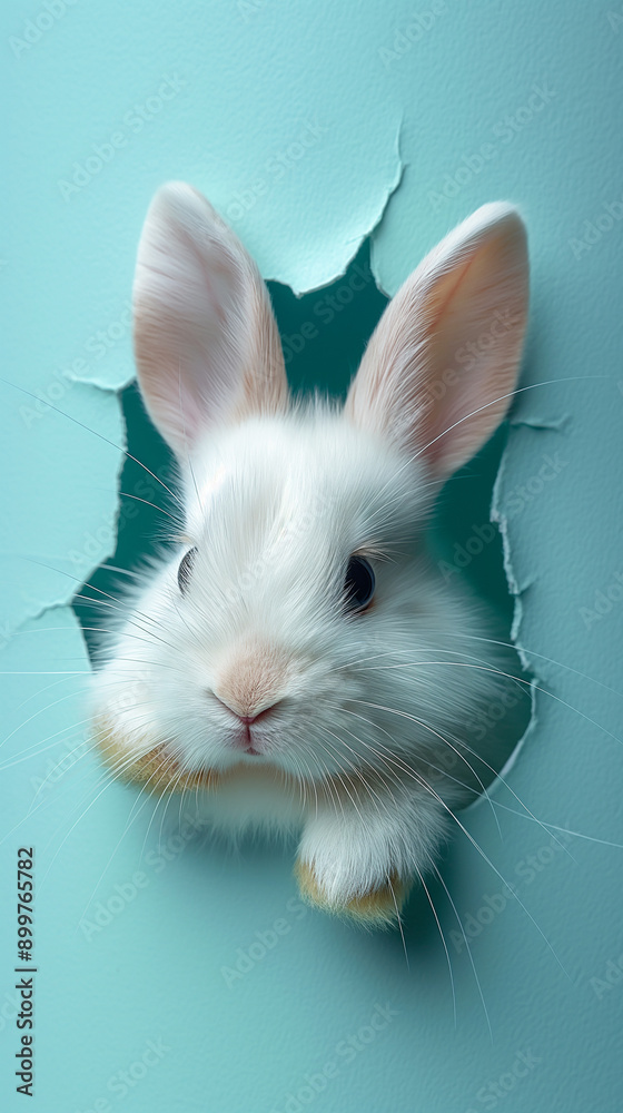 Cute rabbit with white fur and long ears emerging from a torn hole in blue background Cute rabbit with white fur and long ears emerging from a torn hole in blue background