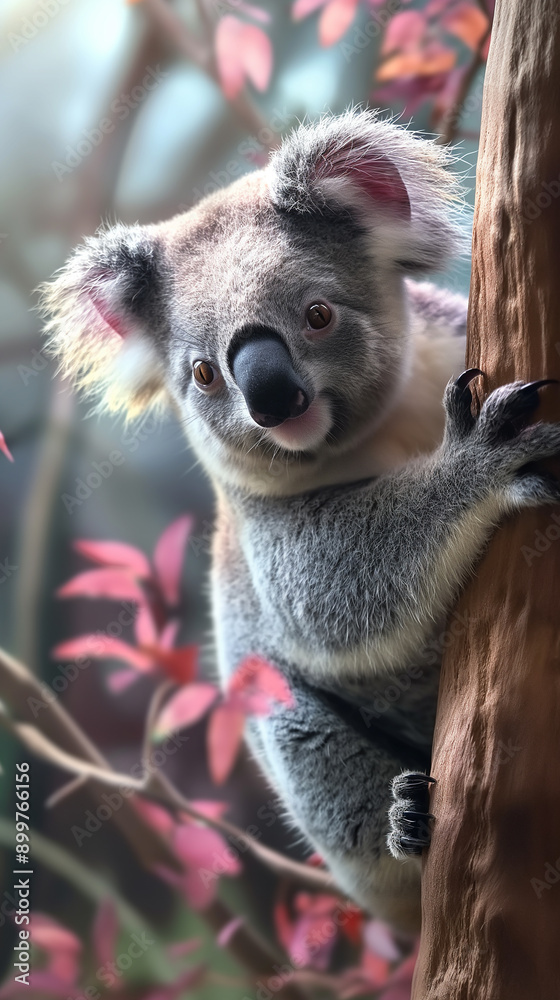 Cute koala bear climbing a eucalyptus tree in nature, Australian wildlife Cute koala bear climbing a eucalyptus tree in nature, Australian wildlife