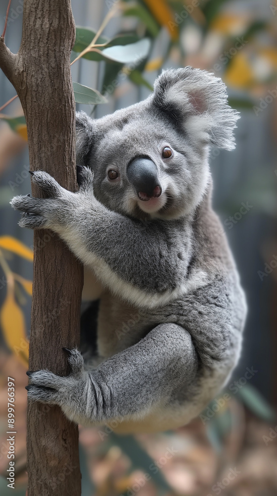 Fototapeta premium Cute koala marsupial climbing a tree in the wildlife nature, an iconic Australian animal